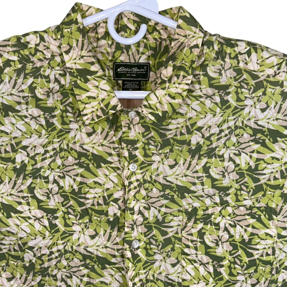 Eddie Bauer Mens XL Green Tropical Leaf Print Short Sleeve Cotton Button Down